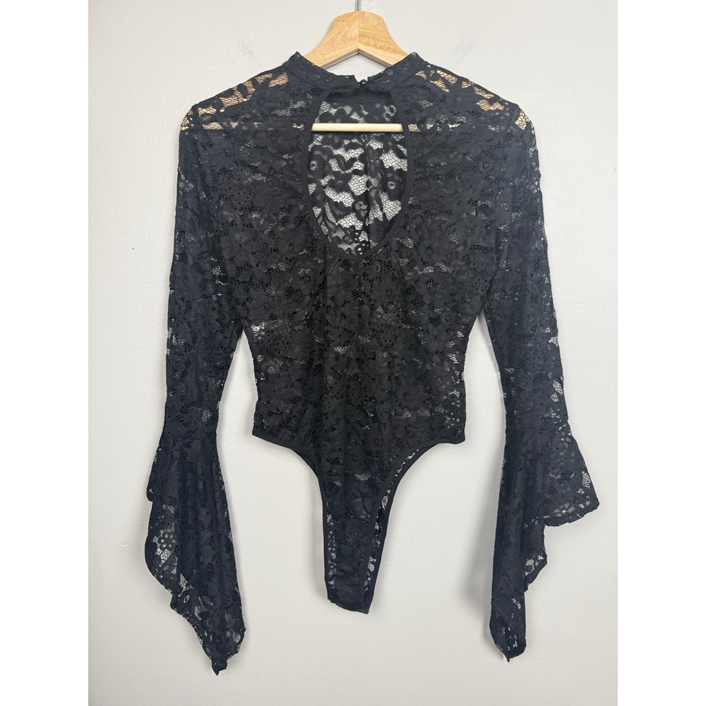Black Lace Bell Sleeve Bodysuit Mock Neck Witchy Vamp Whimsigoth Gothic Glam M - Picture 3 of 10